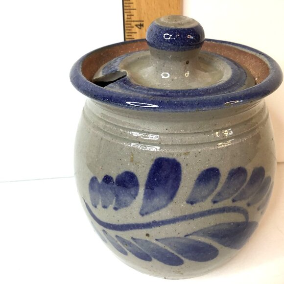 Artisan Salt Glaze Honey Jar Signed Studio Pottery Blue Cobalt Cottagecore Decor - Picture 11 of 11